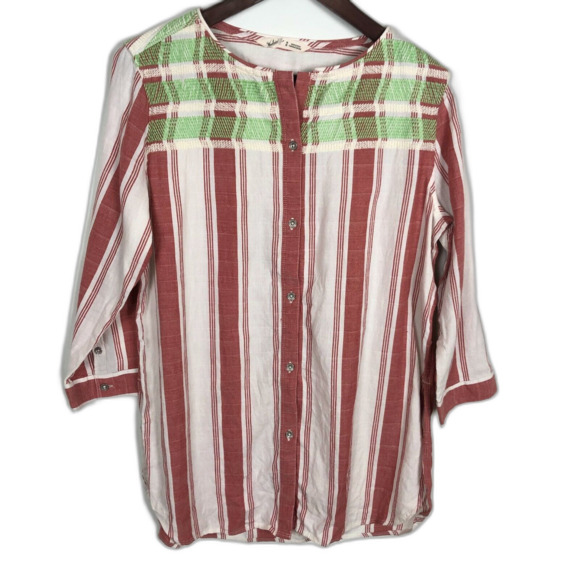 Woolrich Organic Striped Embroidered Button Long Sleeve Tunic Top Women Medium - Picture 1 of 8